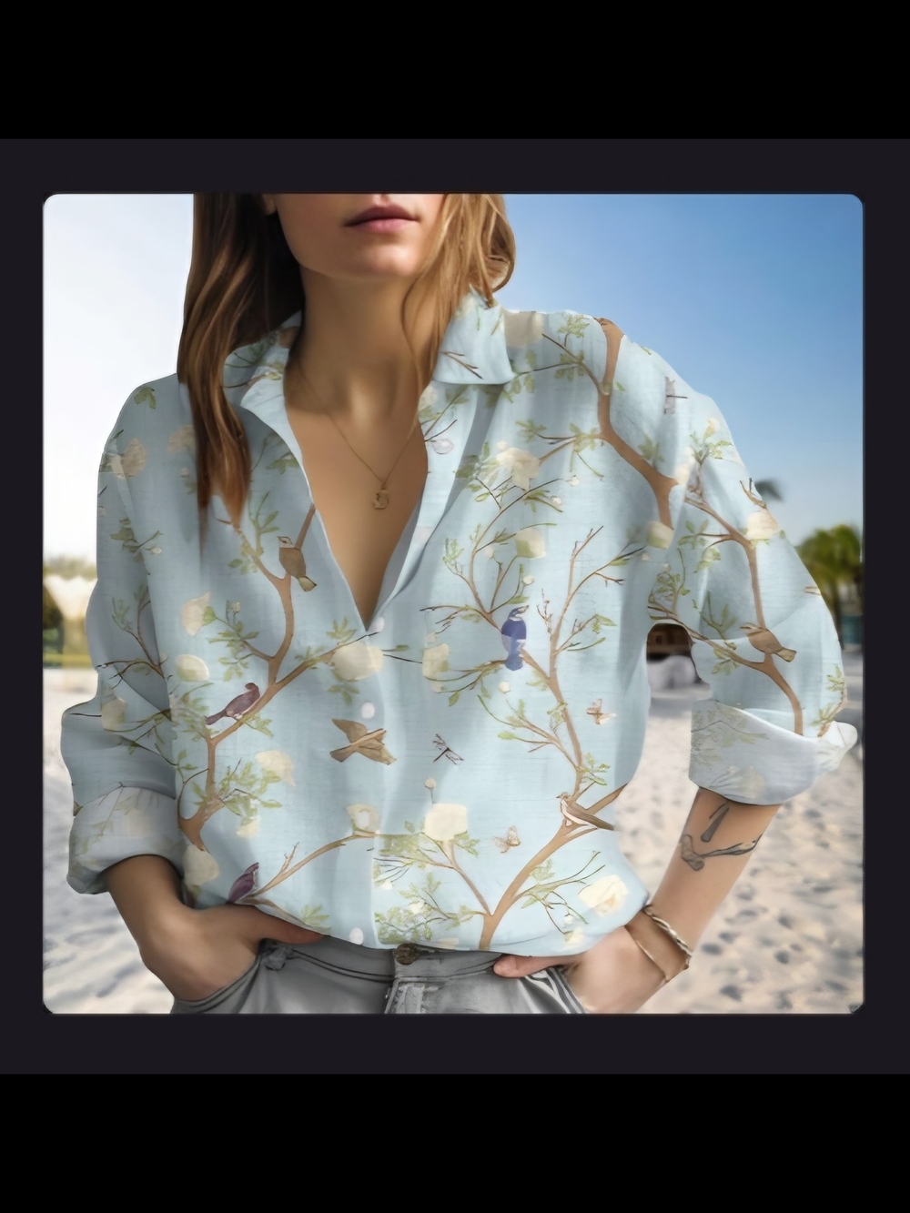Light Blue Bird & Branch Button-Up Shirt